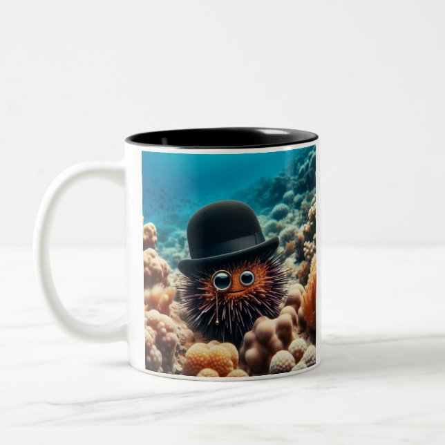 Sea urchin with hat and monocle Two-Tone coffee mug (Left)