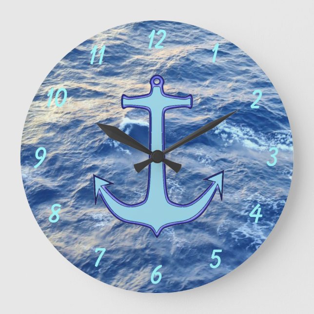 Sea Water Anchor Blue Large Clock (Front)
