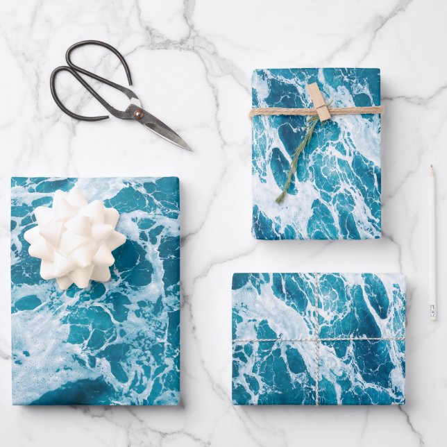 Sea Water Blue and White Ocean Waves Wrapping Paper Sheet (Front)