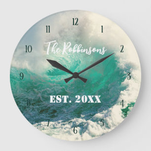 Sea wave personalised family name large clock