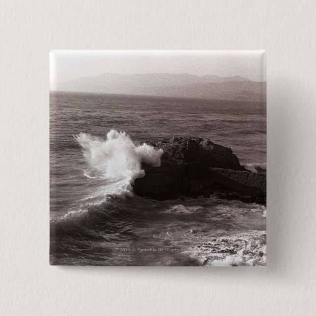 Sea waves crashing against rock 15 cm square badge (Front)