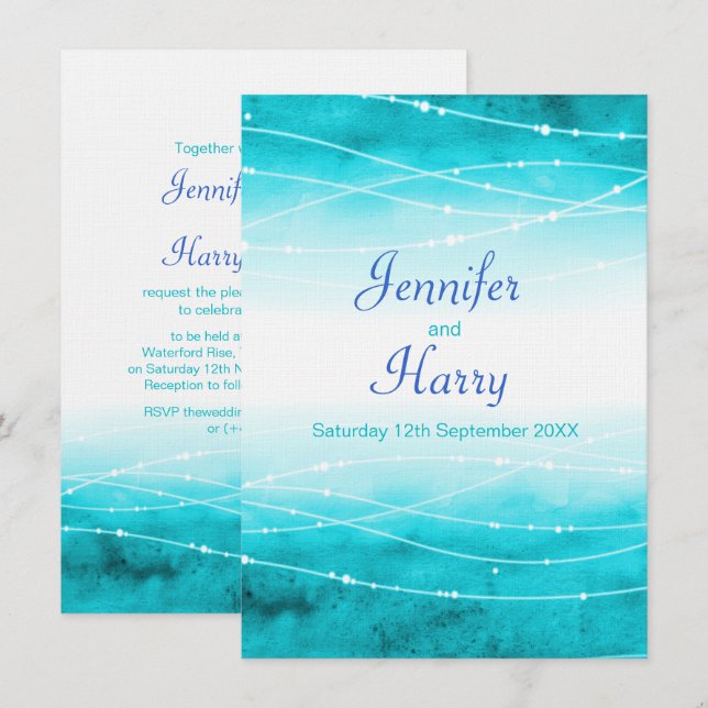 Sea waves wash sparkling seas aqua blue wedding invitation (Front/Back)