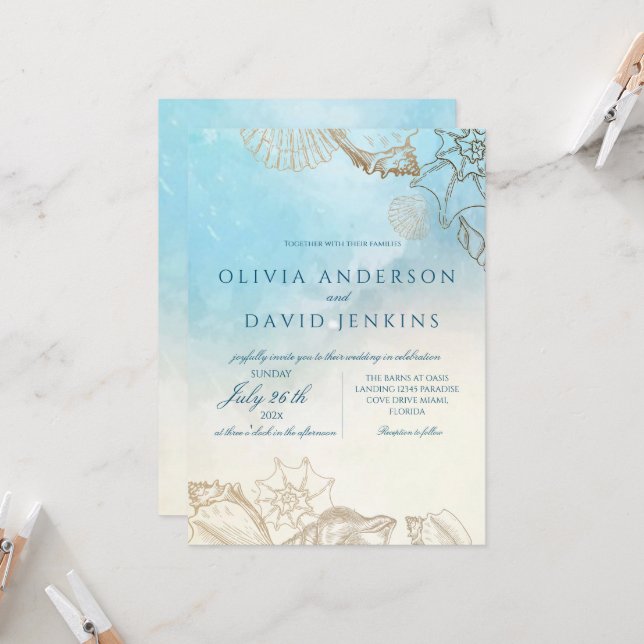 Sea Wedding  Summer Blue Ocean Beach Wedding  Invitation (Front/Back In Situ)