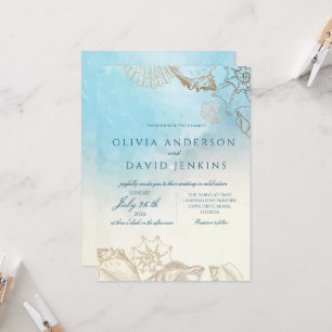 Sea Wedding  Summer Blue Ocean Beach Wedding  Invitation
