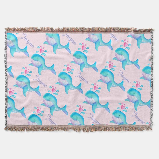 Sea whale watercolor art pink named pattern throw (Front)