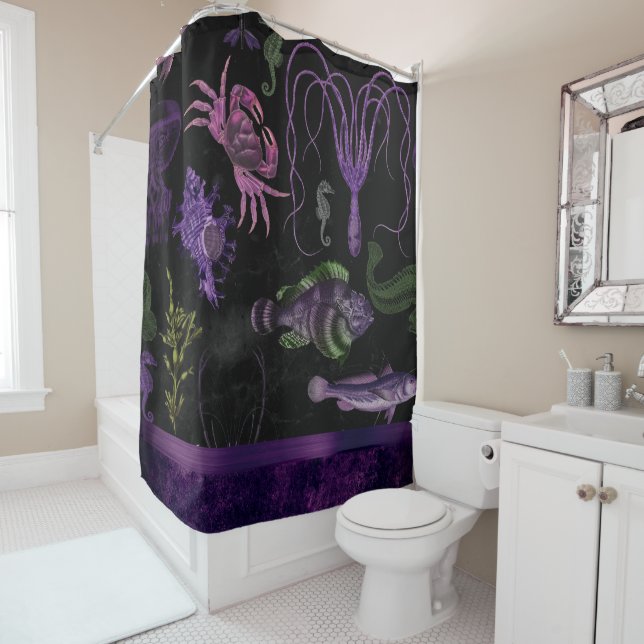 Sea Witch Chic | Purple and Black Gothic Ocean Shower Curtain (In Situ)