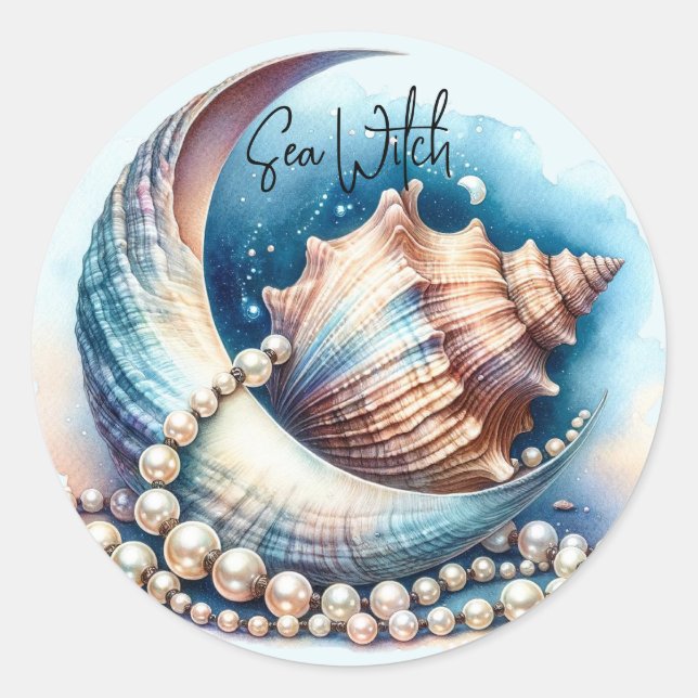 Sea Witch Crescent Moon Shell Pearls Sticker (Front)