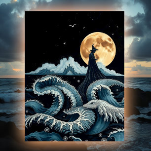 Sea Witch Mystical Ocean Waves Full Moon & Serpent Postcard