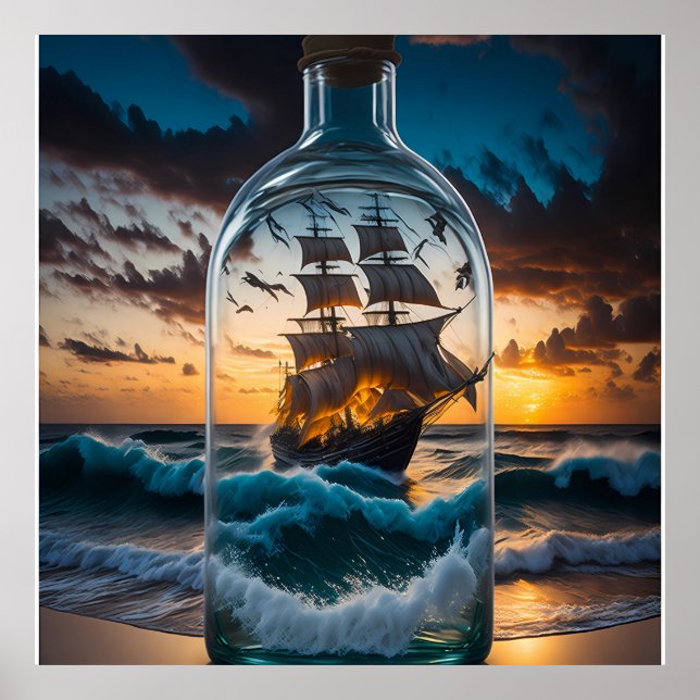 Sea with ship in a bottle poster (Front)