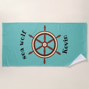 "SEA WOLF" ,steering wheel, personalised Beach Towel