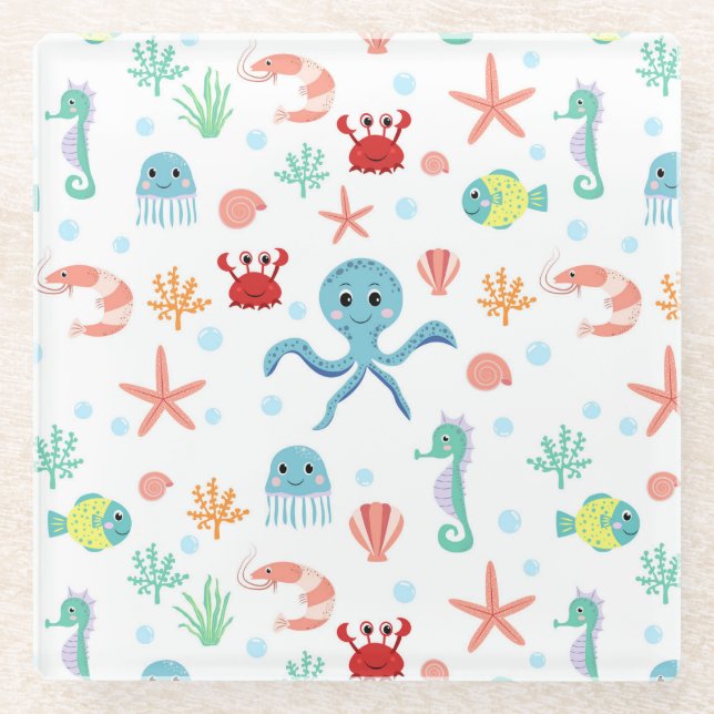 Sea World pattern Glass Coaster (Front)