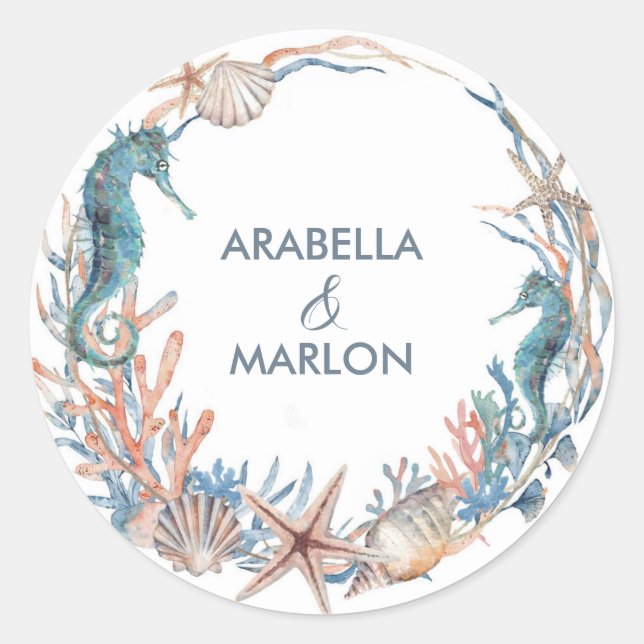 Sea Wreath | Beach Seahorse Shells  Classic Round Sticker (Front)
