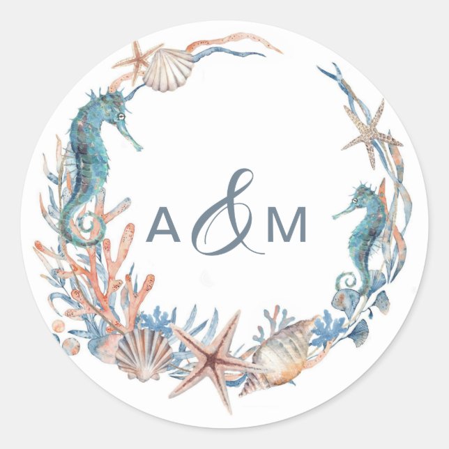 Sea Wreath | Coastal Couples Initials  Classic Round Sticker (Front)