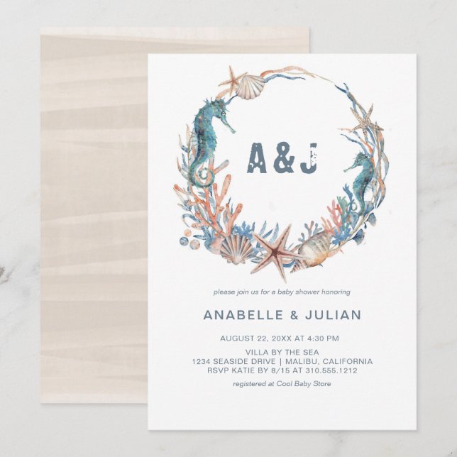 Sea Wreath | Rustic Beach Monogram Baby Shower Invitation (Front/Back)