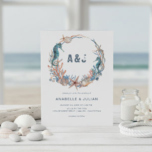 Sea Wreath   Rustic Beach Monogram Wedding Invitation