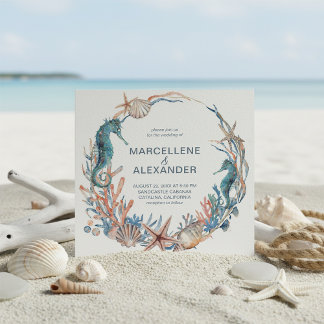 Sea Wreath | Seahorse and Shells Beach Wedding Invitation