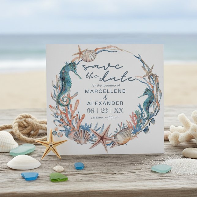 Sea Wreath | Watercolor Beach Wedding Save The Date (Creator Uploaded)