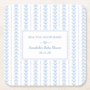Sea You Soon Baby! Blue Coastal Beach Baby Shower Square Paper Coaster
