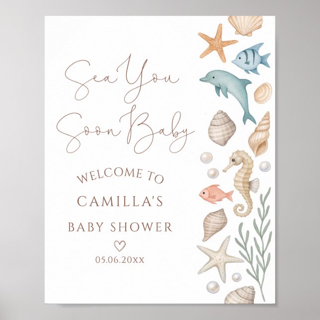 Sea You Soon Baby Coastal Baby Shower Welcome Poster (Front)