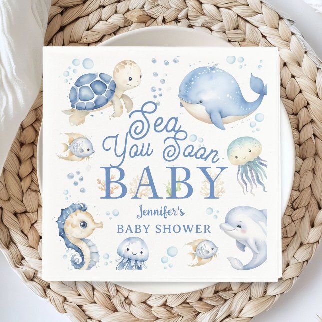 Sea You Soon Baby Shower Boy Blue Ocean Paper Napkin (Creator Uploaded)