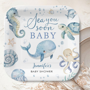 Sea You Soon Baby Shower Boy Blue Ocean Paper Plate