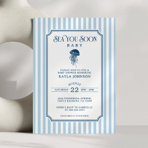 Sea You Soon Baby Shower Elegant Blue White Stripe Invitation