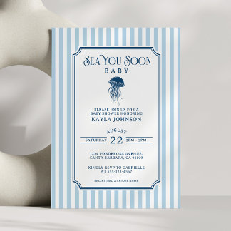 Sea You Soon Baby Shower Elegant Blue White Stripe Invitation
