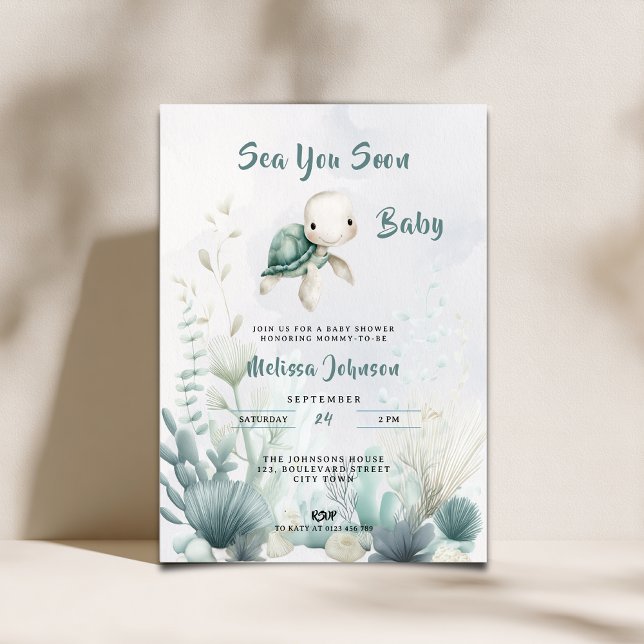 Sea You Soon Baby Shower Gender Neutral Invitation (Sea You Soon Undersea Turtle Baby Shower Invitation.)