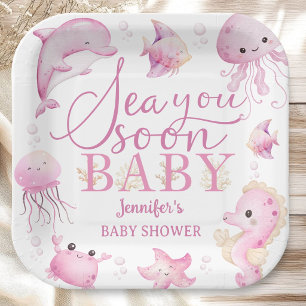 Sea You Soon Baby Shower Pink Ocean Paper Plate