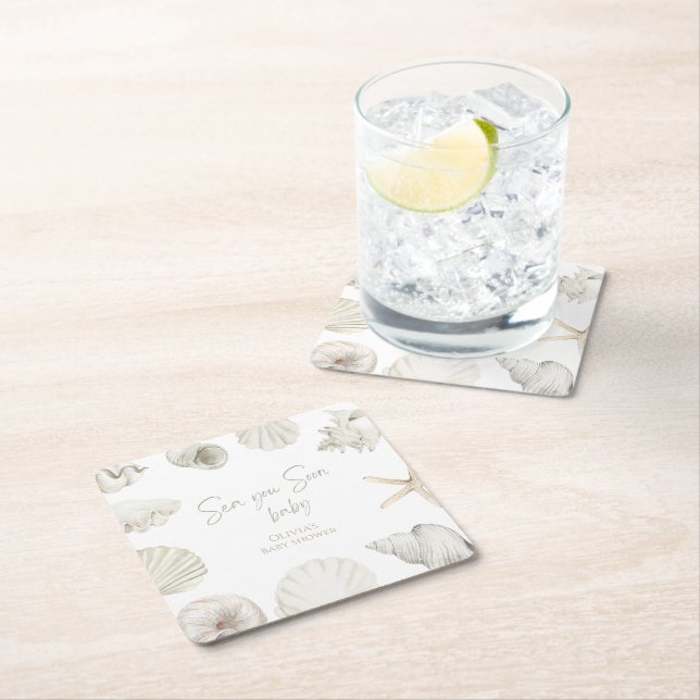 Sea you soon baby shower square paper coaster (Insitu)