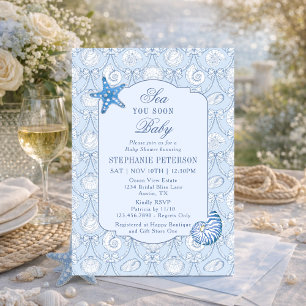Sea You Soon Blue Nautical Beach Boy Baby Shower Invitation