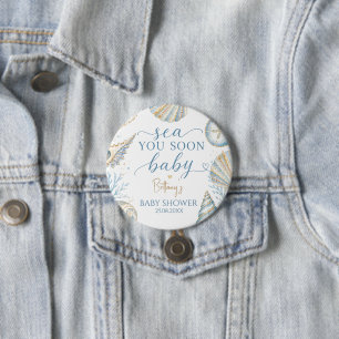 Sea You Soon Blue Seashells Baby Shower 7.5 Cm Round Badge
