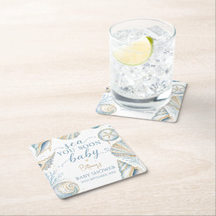 Sea You Soon Blue Seashells Baby Shower Square Paper Coaster