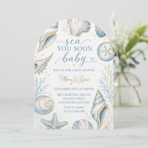 Sea You Soon Blue Seashells Ocean Baby Shower Invitation