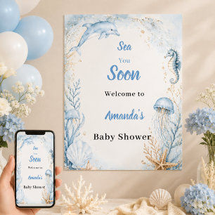 Sea You Soon Blue Welcome Baby Shower Poster