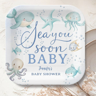 Sea You Soon Boy Blue Ocean Baby Shower Paper Plate