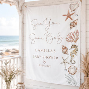 Sea You Soon Coastal Boho Baby Shower Backdrop Tapestry