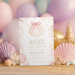 Sea You Soon Coastal Pink Bow Baby Shower Invitation