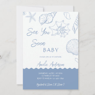 Sea You Soon Coastal Shells Blue Baby Shower Invitation