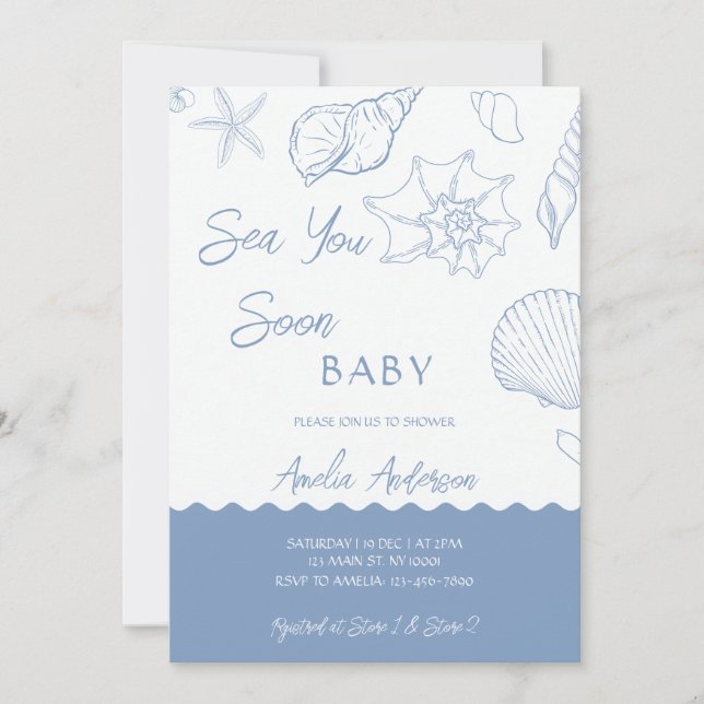 Sea You Soon Coastal Shells Blue Baby Shower Invitation (Front)