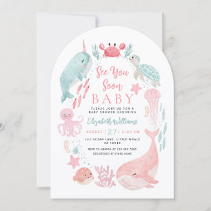 Sea You Soon Cute Ocean Animals Girl Baby Shower  Invitation