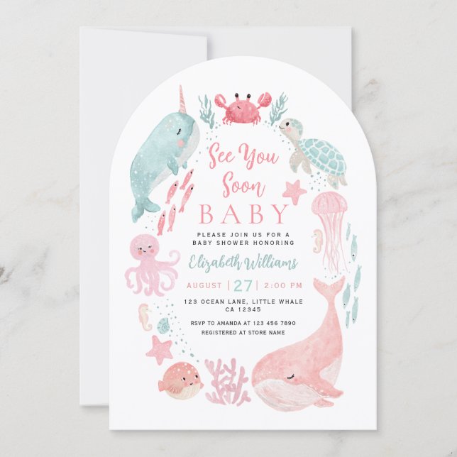 Sea You Soon Cute Ocean Animals Girl Baby Shower  Invitation (Front)