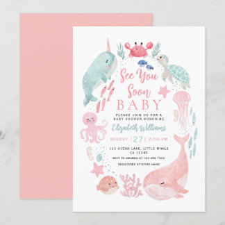 Sea You Soon Cute Ocean Animals Girl Baby Shower Invitation