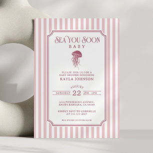 Sea You Soon Girl Preppy Pink Stripes Baby Shower Invitation