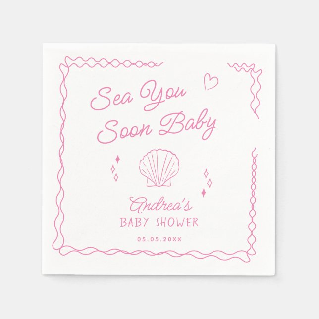 Sea You Soon Hand Drawn Ocean Seashell Baby Shower Napkin (Front)