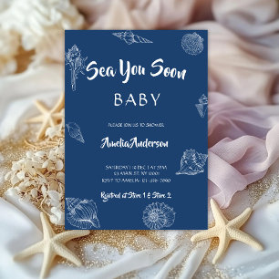 Sea You Soon Navy Seashell Nautical Baby Shower Invitation