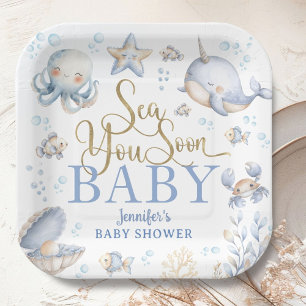 Sea You Soon Ocean Baby Shower Boy Blue Paper Plate