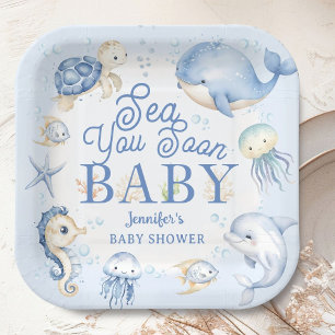 Sea You Soon Ocean Baby Shower Boy Blue Paper Plate