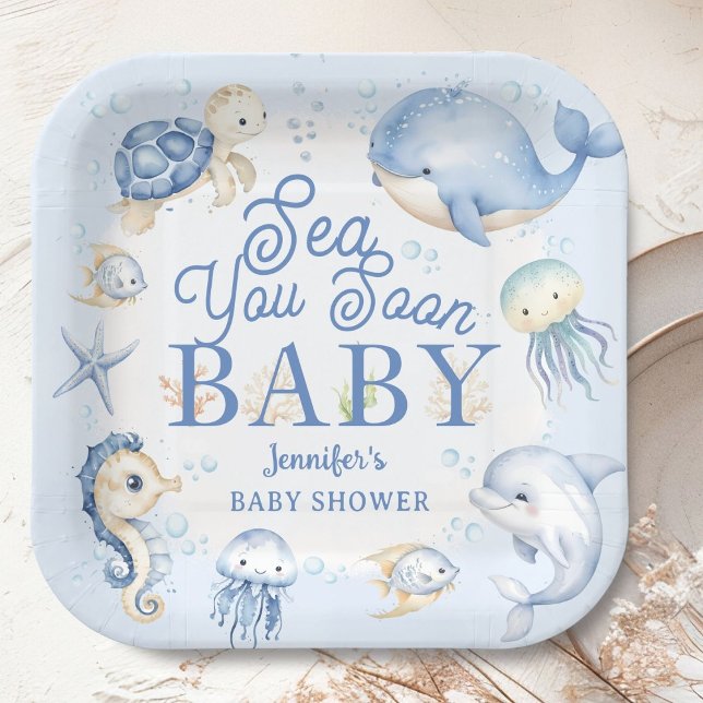 Sea You Soon Ocean Baby Shower Boy Blue  Paper Plate (Creator Uploaded)