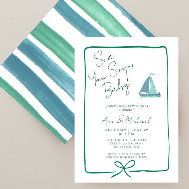 Sea You Soon Ocean Blue Boat Boy Baby Shower Invitation (Creator Uploaded)